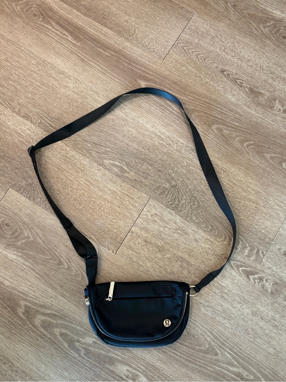 lululemon athletica Black Crossbody Belt Bag with Gold Accents